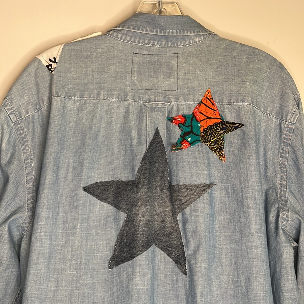 Custom Made Upcycled Demin Button Down Star Shirt - image 6